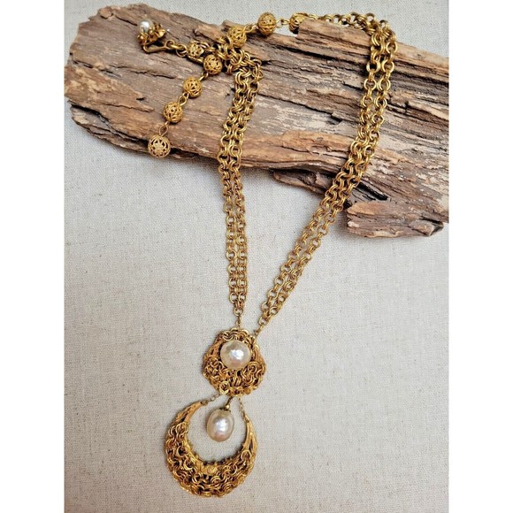 Rare Signed Miriam Haskell Double Dangle Baroque Pearl Multi Chain Necklace VTG